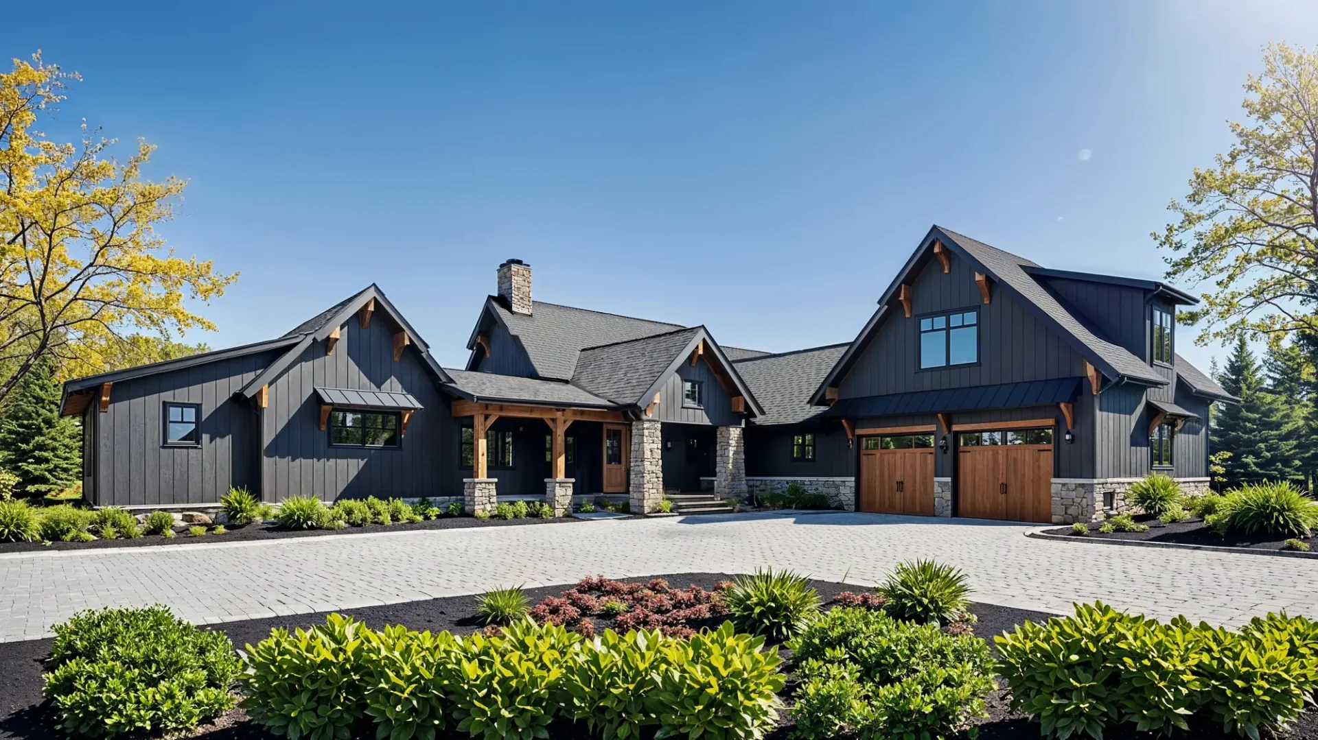 A modern mountain ranch-style home with a warm wood exterior, large windows, and stone accents. The house has a contemporary yet rustic aesthetic, surrounded by a landscaped front yard with blooming purple flowers, ornamental grasses, and a mix of greenery.