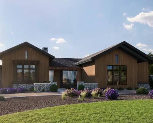 A modern mountain ranch-style home with a warm wood exterior, large windows, and stone accents. The house has a contemporary yet rustic aesthetic, surrounded by a landscaped front yard with blooming purple flowers, ornamental grasses, and a mix of greenery.