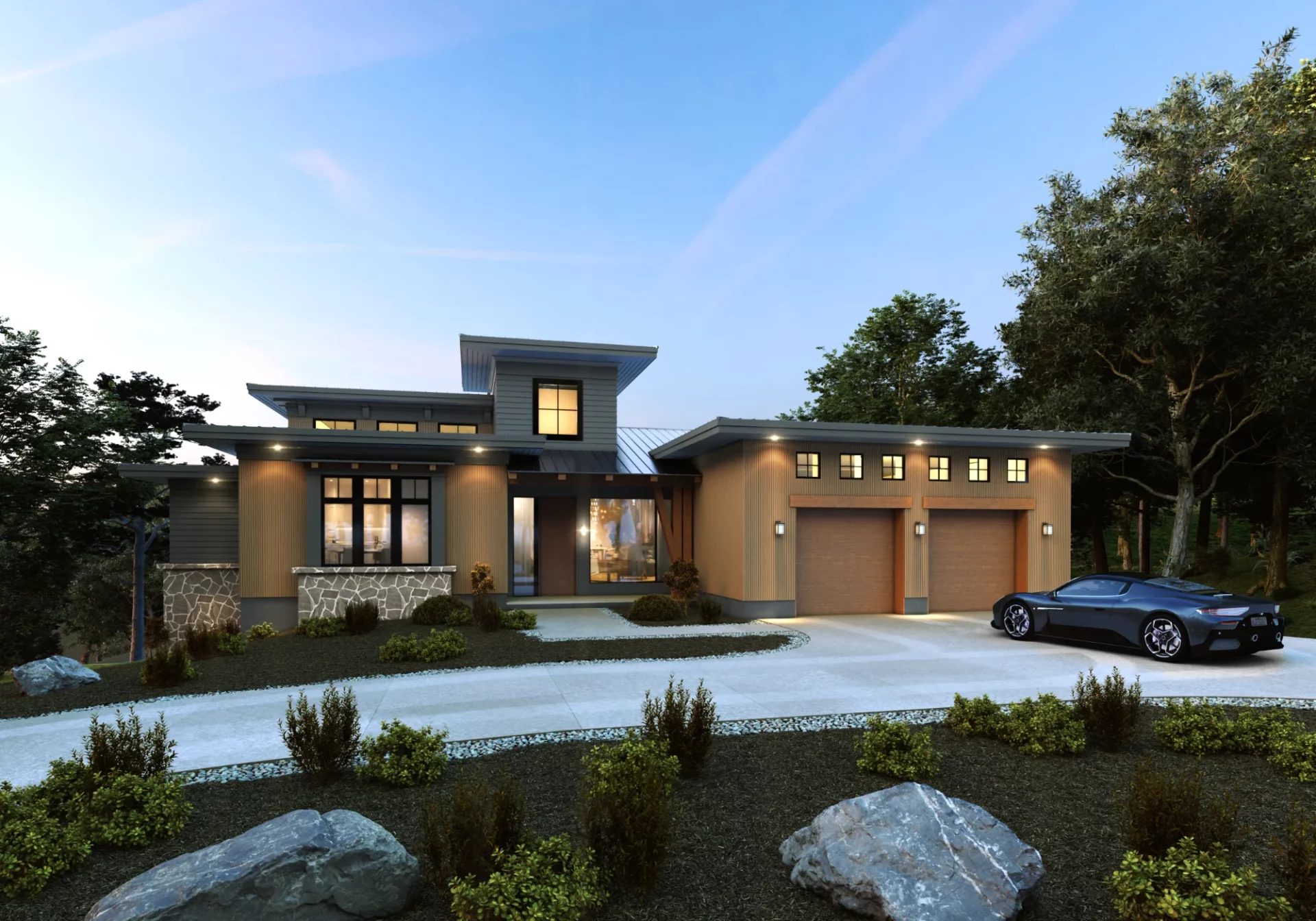 A modern mountain ranch-style home with a warm wood exterior, large windows, and stone accents. The house has a contemporary yet rustic aesthetic, surrounded by a landscaped front yard with blooming purple flowers, ornamental grasses, and a mix of greenery.